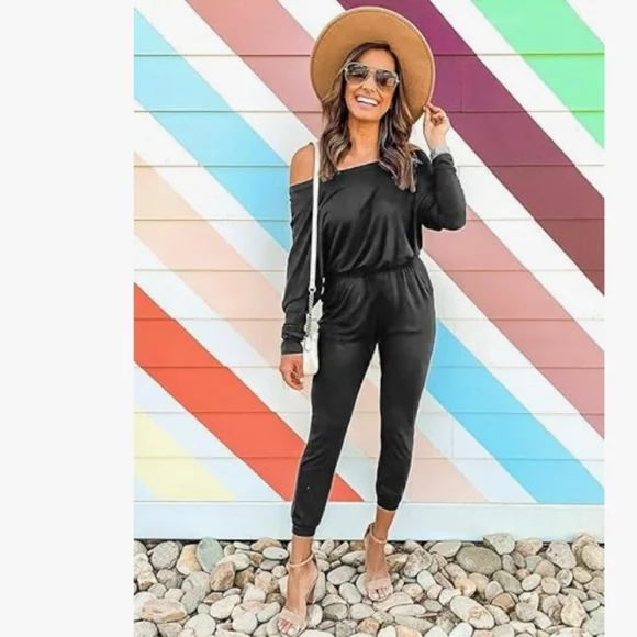 Women's Casual Long Sleeve Jumpsuit Crewneck Off Shoulder Elastic Waist Stretchy - Picture 3 of 7